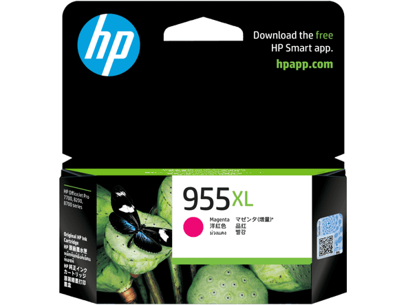 Genuine HP 955XL Magenta Ink Cartridge packaging with green and blue accents and product details.