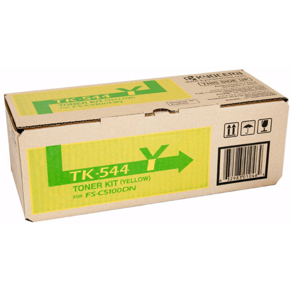 Kyocera TK-544Y Yellow Toner Cartridge box with barcode and label, Kyocera branding visible.