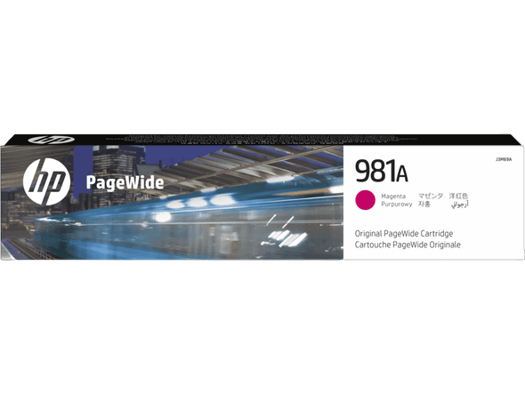 Genuine HP 981A Magenta Pagewide Ink Cartridge, HP brand, magenta color, original packaging.