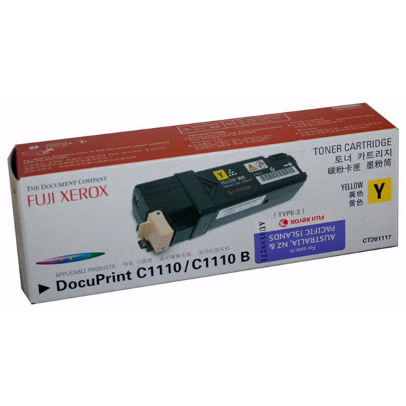 Fuji Xerox CT201117 Yellow Toner Cartridge, Fuji Film, black and yellow packaging and design.
