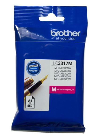Brother LC3317M Magenta Ink Cartridge packaging with product details and branding.
