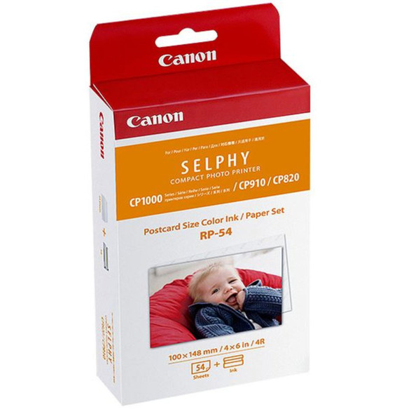 Canon RP54 Ink & Paper Pack, red and white box with baby image on front panel.