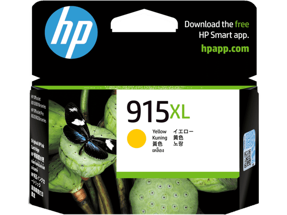 Genuine HP 915XL Yellow Ink Cartridge packaging with green and black design and blue HP logo.