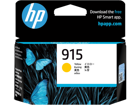 Genuine HP 915 Yellow Ink Cartridge packaging with blue  and HP logo displayed prominently.