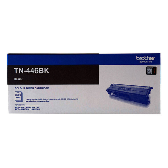 Brother TN446 black toner cartridge box with blue accents and product details clearly displayed.