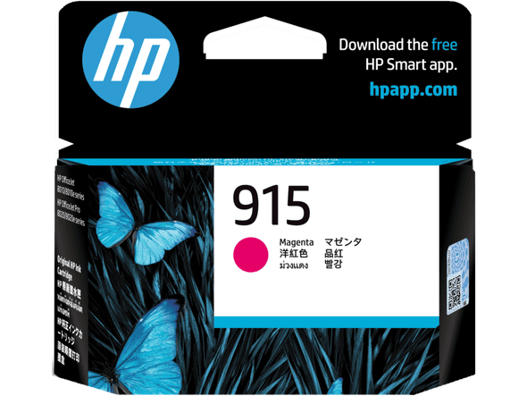 Genuine HP 915 Magenta Ink Cartridge, HP logo and product number visible on packaging clearly.