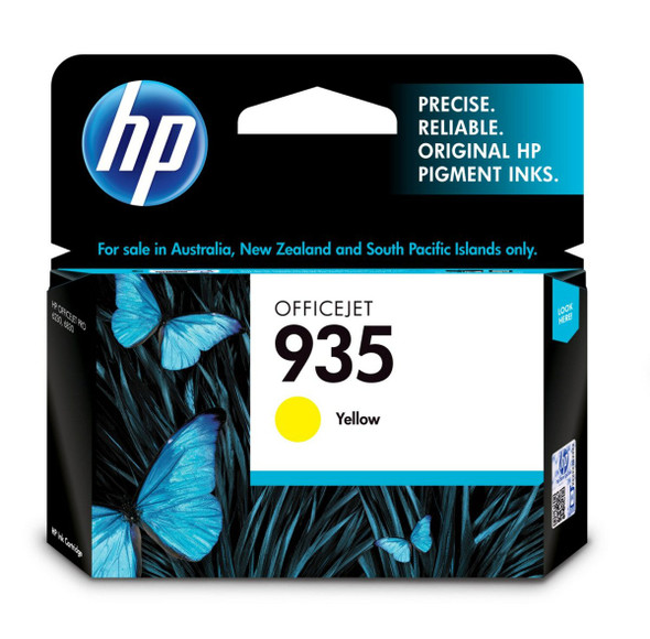 Genuine HP OfficeJet 935 Yellow Ink Cartridge packaging with butterfly design and HP logo displayed.