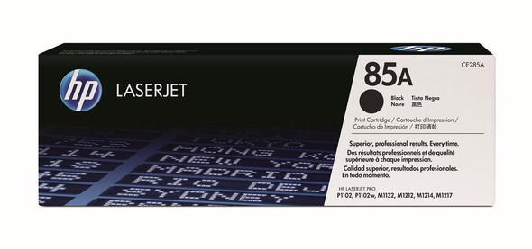 HP Genuine 85A Black Toner Cartridge, LaserJet printer supply, HP brand, black color, original packaging.