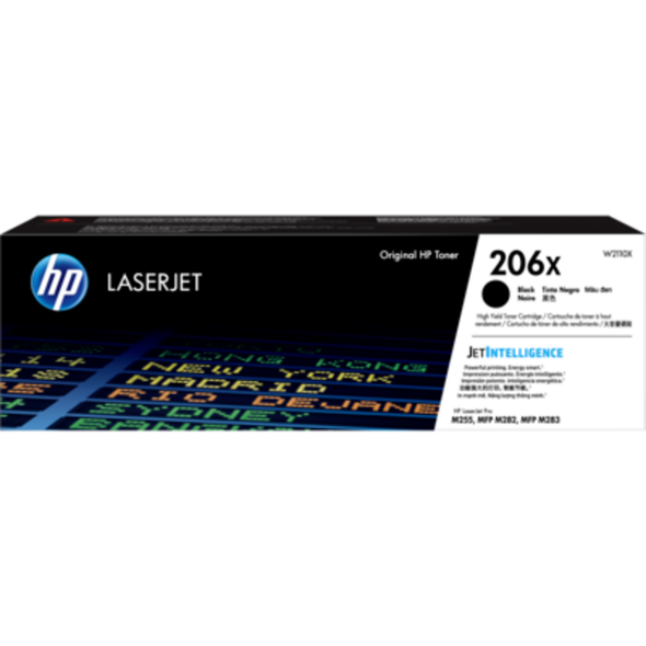 HP Genuine 206X Black High Yield Toner Cartridge, original LaserJet packaging with blue and white logo.