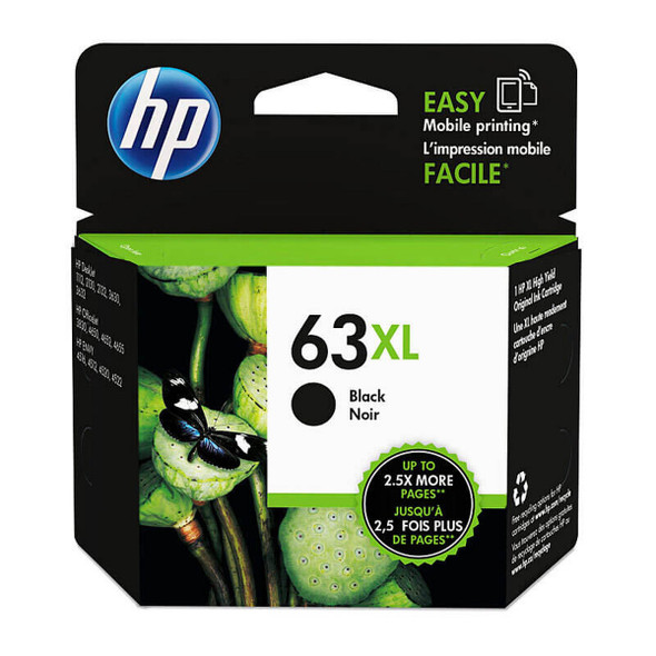Genuine HP 63XL Black Ink Cartridge, HP brand, black ink, XL high capacity.