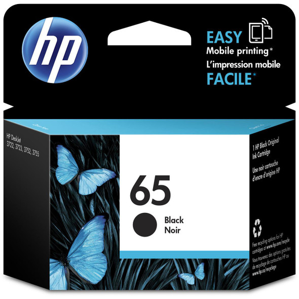 Genuine HP 65 Black Ink Cartridge, HP logo, blue , and product details on packaging.