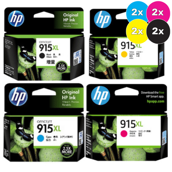 HP 915XL Ink Cartridge Value Pack, 2x Black, Cyan, Magenta, Yellow, HP brand, color ink cartridges.