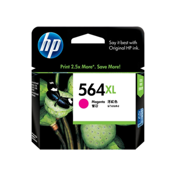 Genuine HP 564XL Magenta Ink Cartridge, HP branded, in original packaging with green and pink details.