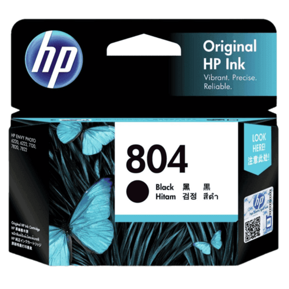 Genuine HP 804 Black Ink Cartridge, original packaging with vibrant blue  and HP logo visible.