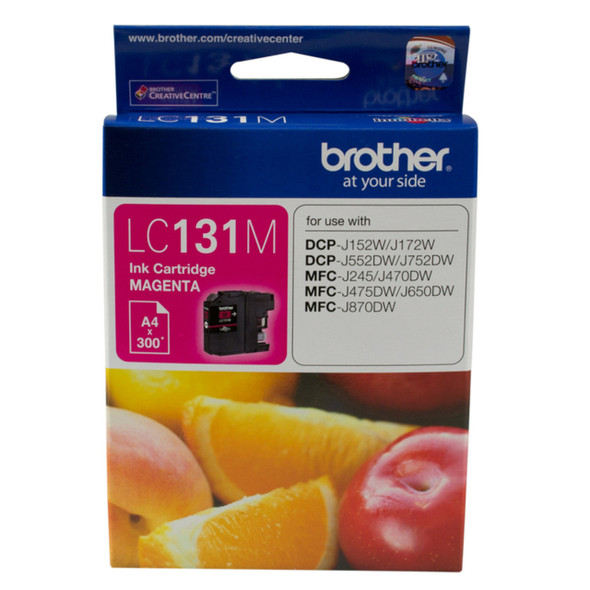 Brother LC131 Magenta Ink Cart, genuine Brother product packaging with vibrant fruit design and label details.