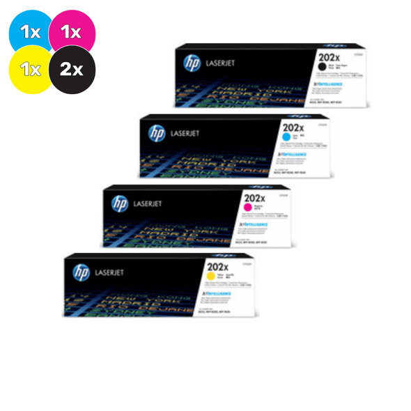 HP 202X Toner Cartridges Value Pack, including black, cyan, magenta, and yellow, in their packaging.