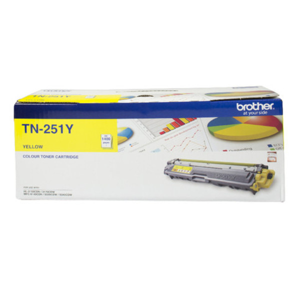 Brother TN251 Yellow Toner Cartridge, genuine Brother product packaging with yellow and blue accents shown.