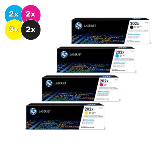 HP 202X Toner Cartridges Value Pack, 2 each Black, Cyan, Magenta, Yellow, HP brand packaging.