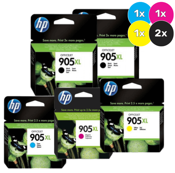 HP 905XL Ink Cartridge Value Pack, 2 Black, 1 Cyan, 1 Magenta, 1 Yellow, HP brand.