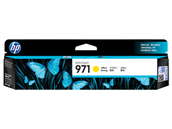 Genuine HP 971 Yellow Ink Cartridge, Official HP product packaging with blue floral design and logo.