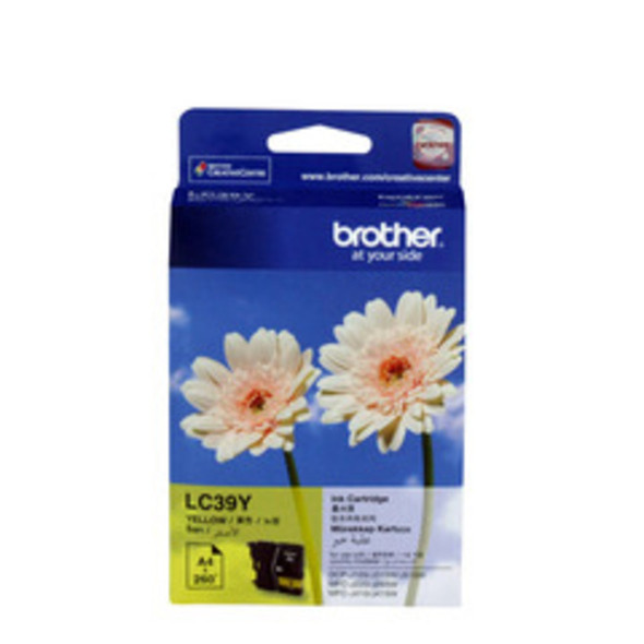 Brother LC39 Yellow Ink Cartridge packaging with white flowers on a blue background.
