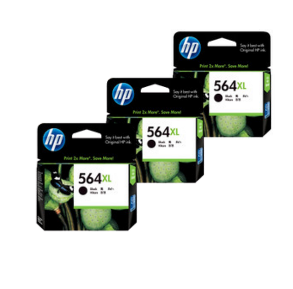 HP 564XL Ink Cartridge Value Pack, 3 Black cartridges, HP brand, XL high capacity.