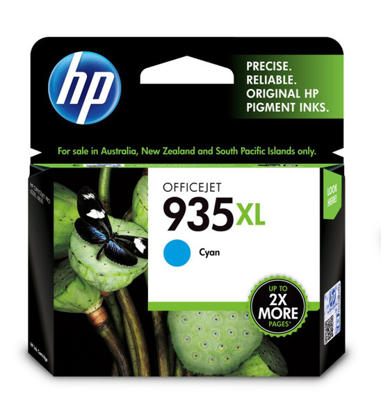 Genuine HP 935XL Cyan Ink Cartridge, HP Officejet, cyan color, XL high capacity ink cartridge.