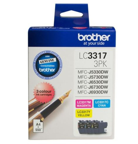 Brother LC3317 CMY Colour Pack, 3PK, genuine cyan, magenta, yellow ink cartridges, Brother branding visible.