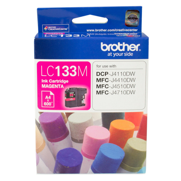 Brother LC-133 Magenta Ink Cartridge, original packaging, blue and pink box with colorful ink bottles.