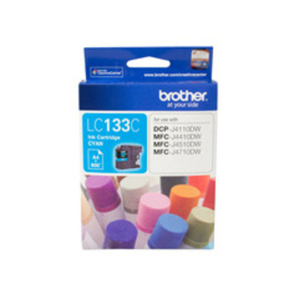 Brother LC133C ink cartridges, assorted colors, genuine Brother product packaging with product details visible.