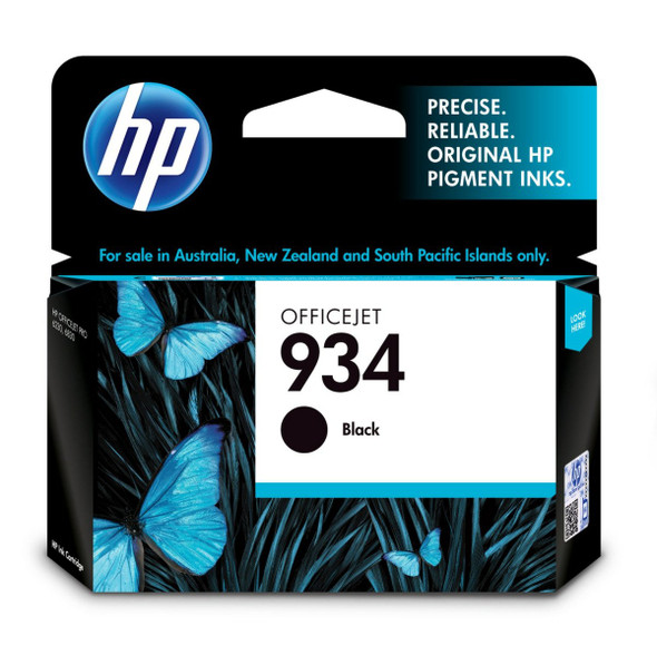 Genuine HP Officejet 934 black ink cartridge, HP brand, original pigment ink packaging with butterflies design.