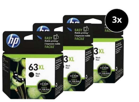 HP 63XL Ink Cartridge Value Pack, 3 Black cartridges, HP brand, XL high capacity.