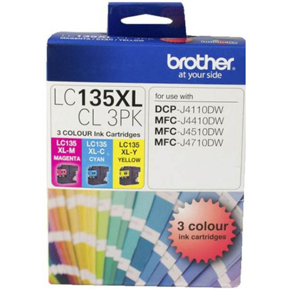 Brother LC135XL CMY Colour 3-Pack Ink Cartridges, blue box, colourful cartridges visible at bottom.