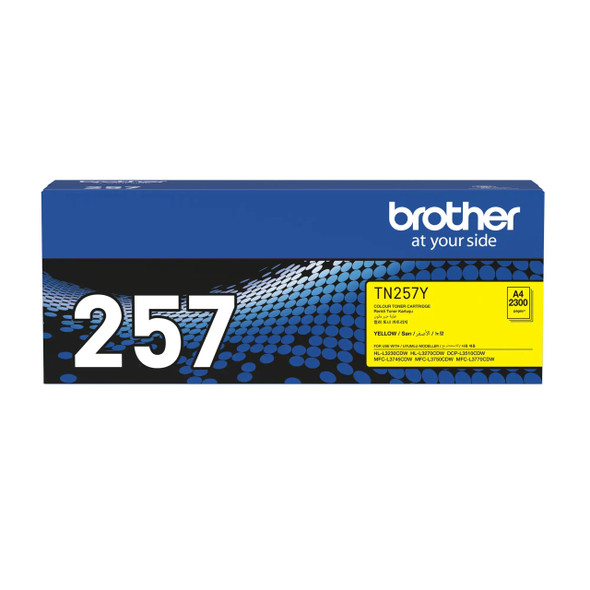 Brother TN257 Yellow Toner Cartridge, Brother brand, yellow color, model number 257 clearly visible.