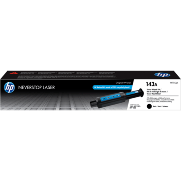 HP Genuine 143A Black Toner Cartridge box packaging with blue and black design elements visible.
