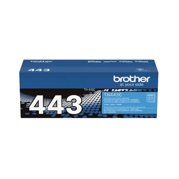 Brother TN443 Cyan Toner Cart, blue box with white text and graphics, Brother branding visible.