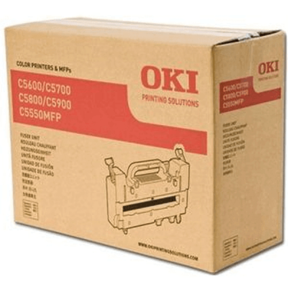 OKI printer fuser unit box for ES6410/6412/7411/7412 models, 60,000 pages capacity, brown packaging.