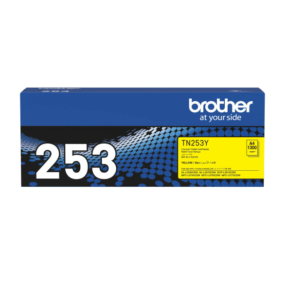 BROTHER MFCL3745CDW yellow toner cartridge box with number 253 and Brother logo on packaging clearly shown.