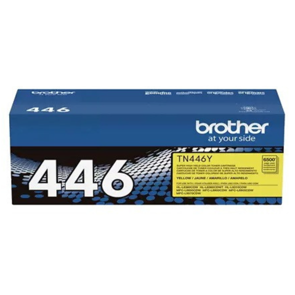 Brother TN446 Yellow Toner Cartridge, blue box with white and yellow labels, Brother branding visible.