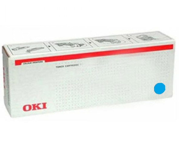 Oki C831N Cyan Toner box with red stripe and blue dot, OKI logo in red.
