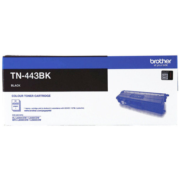 Brother TN443 Black Toner Cartridge, genuine Brother product, blue and black packaging with product shown.
