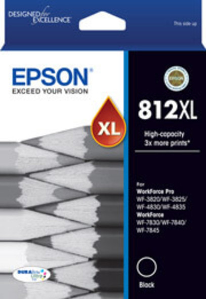 Epson 812XL DURABRite Black Ink Cartridge, high-capacity, original Epson packaging with black ink details.