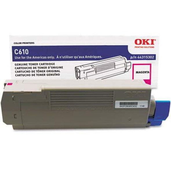 Oki C610 Magenta Toner cartridge, gray and blue, with label and barcode, from OKI brand.