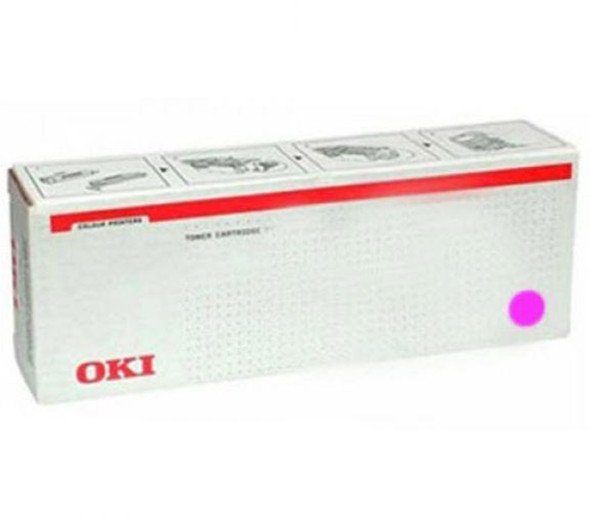 Oki C332DN Magenta Toner cartridge box with red stripe and pink dot, OKI logo visible.