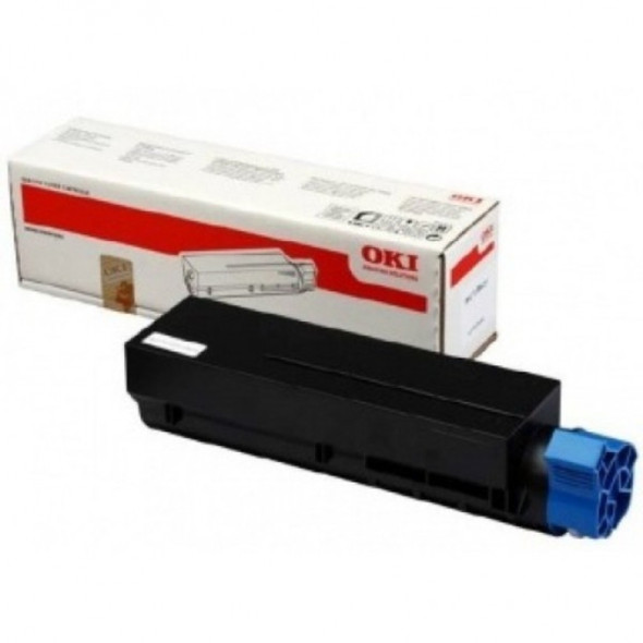 Oki MC873 Yellow Toner, black cartridge with blue end cap, in white and red packaging box.