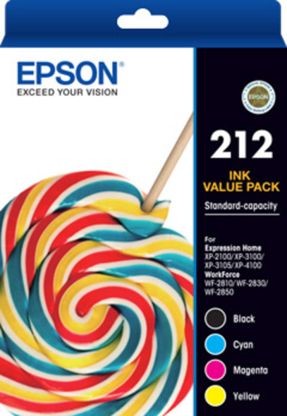 Epson 212 ink value pack, 1 x black, cyan, magenta, yellow original cartridges, standard capacity.