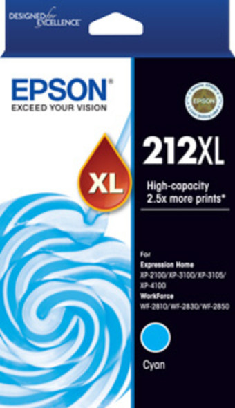 Epson 212XL Cyan Ink Cartridge packaging with blue swirls and high-capacity label on front.