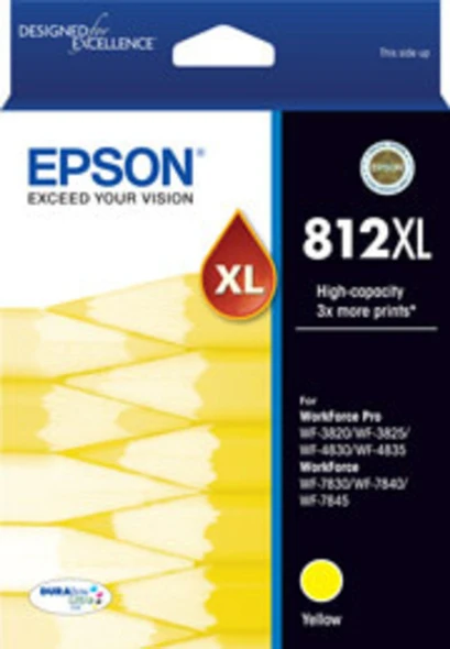 Epson 812XL DURABRite Yellow Ink Cartridge, high-capacity yellow printer ink, Epson brand, original product packaging.