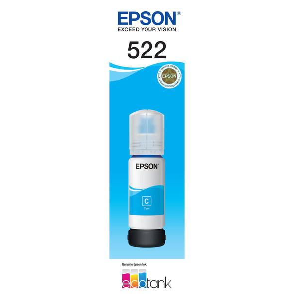 Epson T522 Cyan EcoTank Bottle, white and blue ink bottle with Epson branding on label.