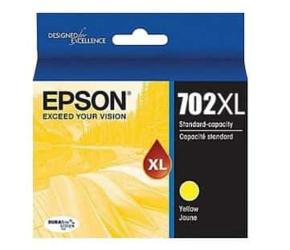 Epson 702XL Yellow Ink Cartridge, standard capacity, original Epson brand packaging, yellow color.
